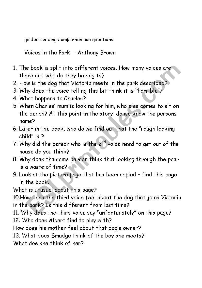 Voices in the Park - Author Anthony Browne - comprehension questions 