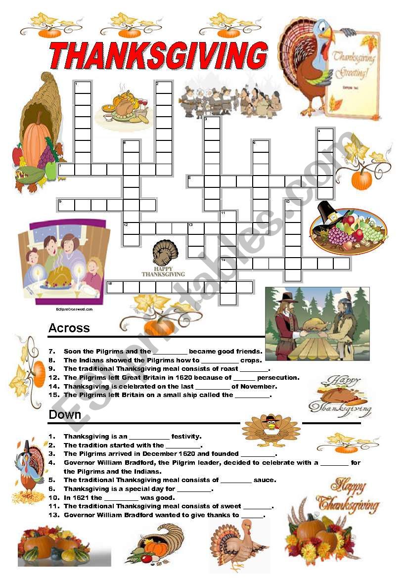 Thanksgiving - crossword worksheet