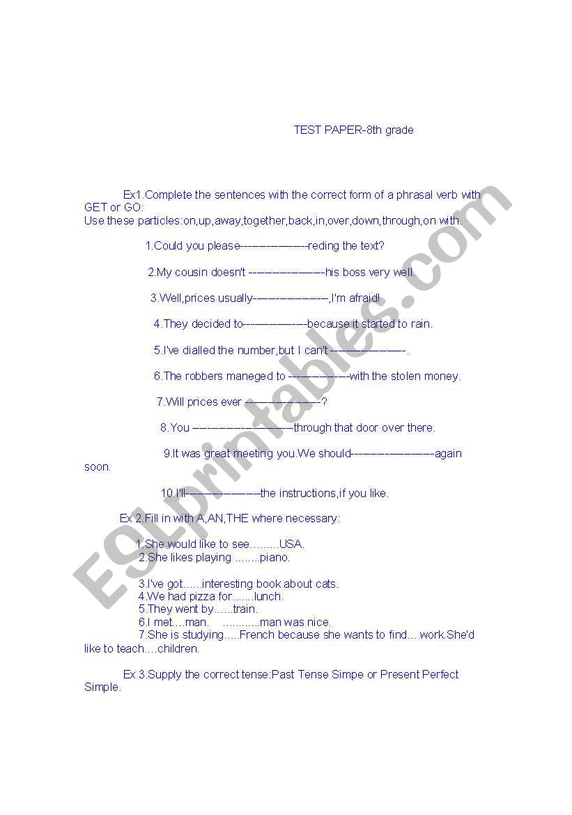 Test Paper 8th grade - Snapshot intermediate