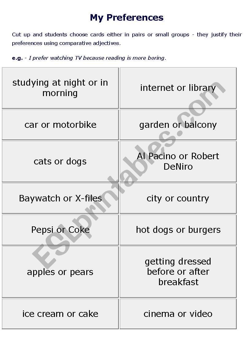 My Preferences worksheet