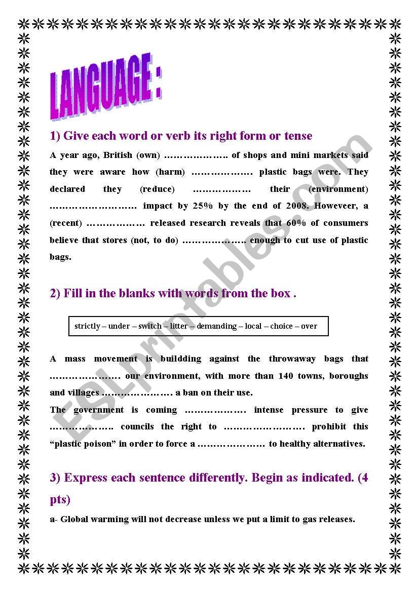language exercises worksheet