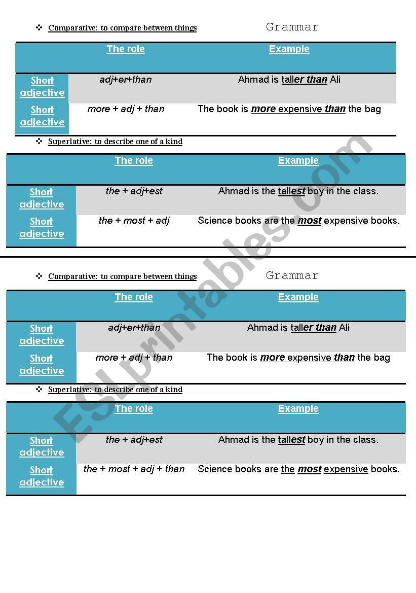 comparative superlative role worksheet