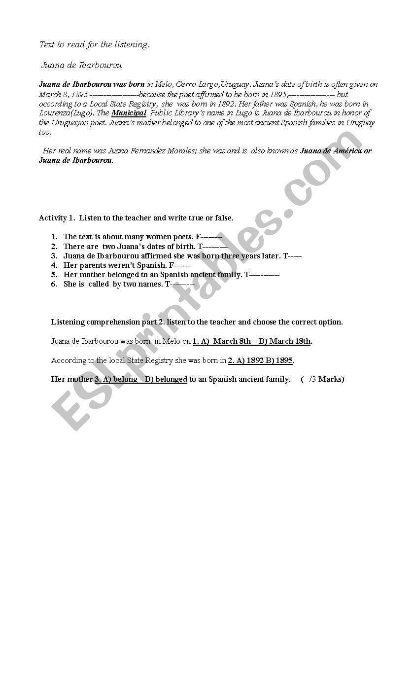 juana de ibarbourou worksheet