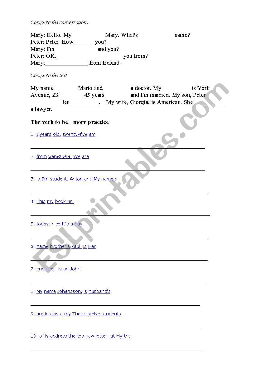 verb to be worksheet