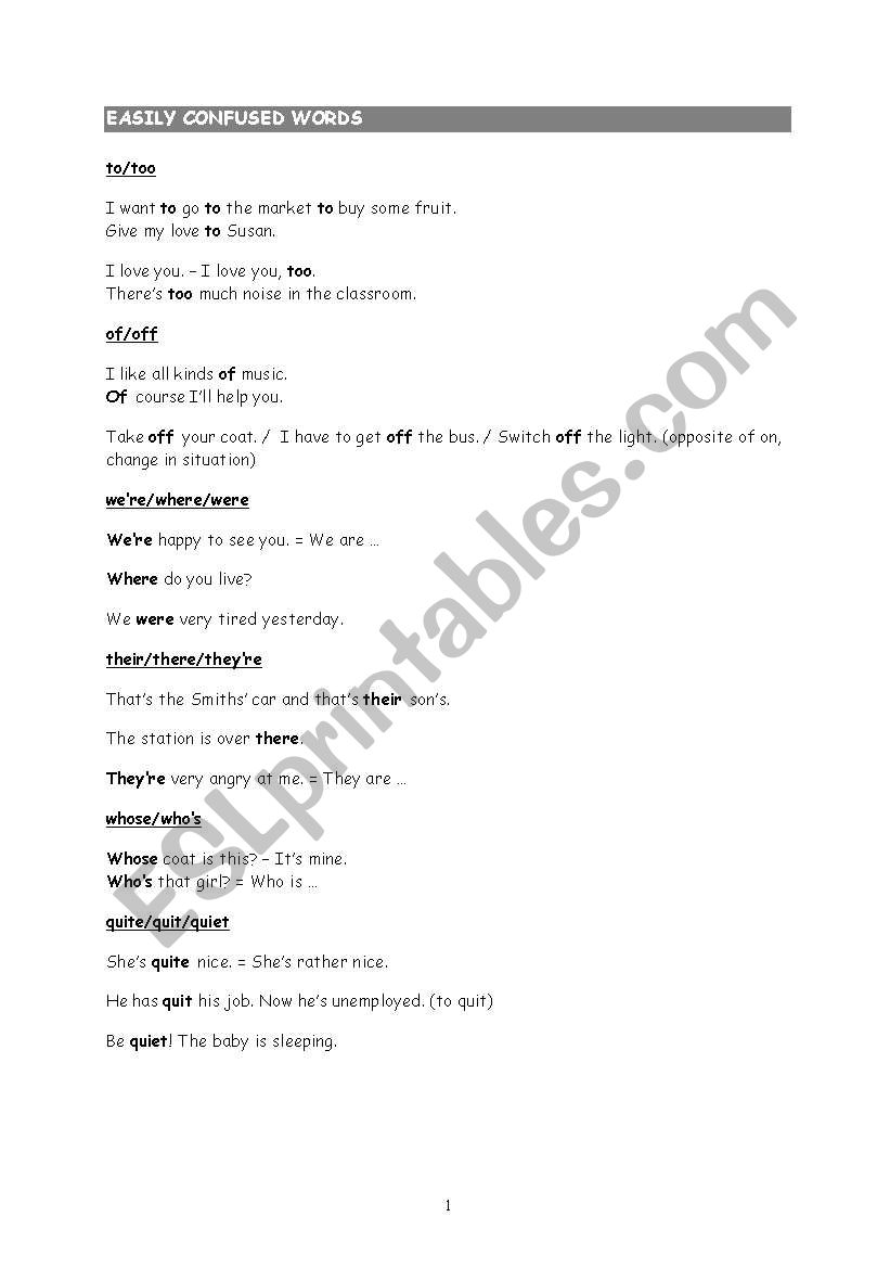 easily confused words  worksheet