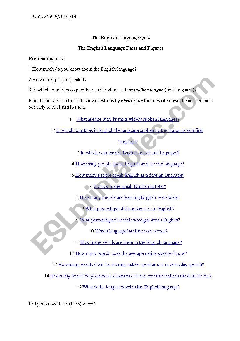 The English Language Quiz worksheet