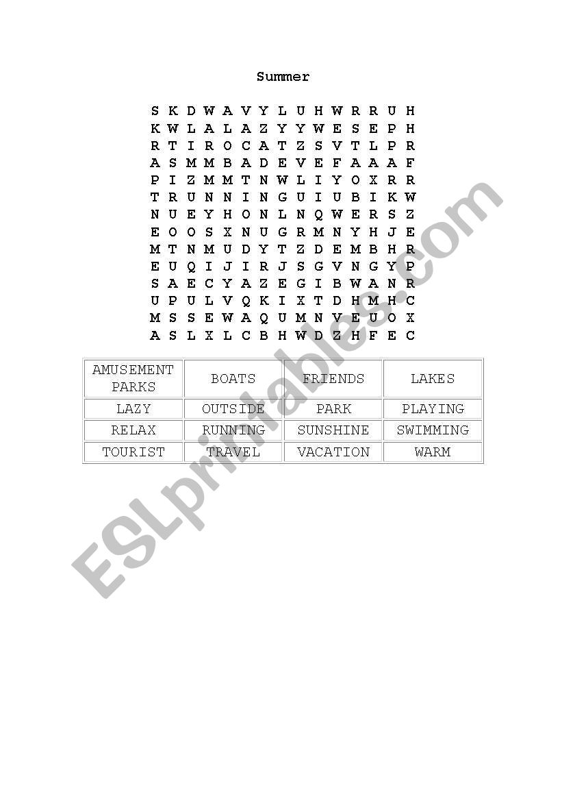 summer wordsearch worksheet