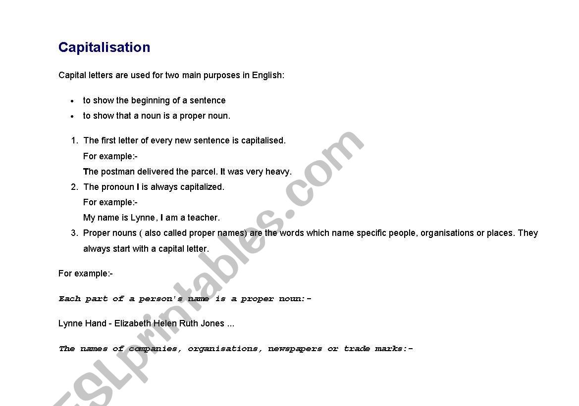 Capitalisation rules worksheet