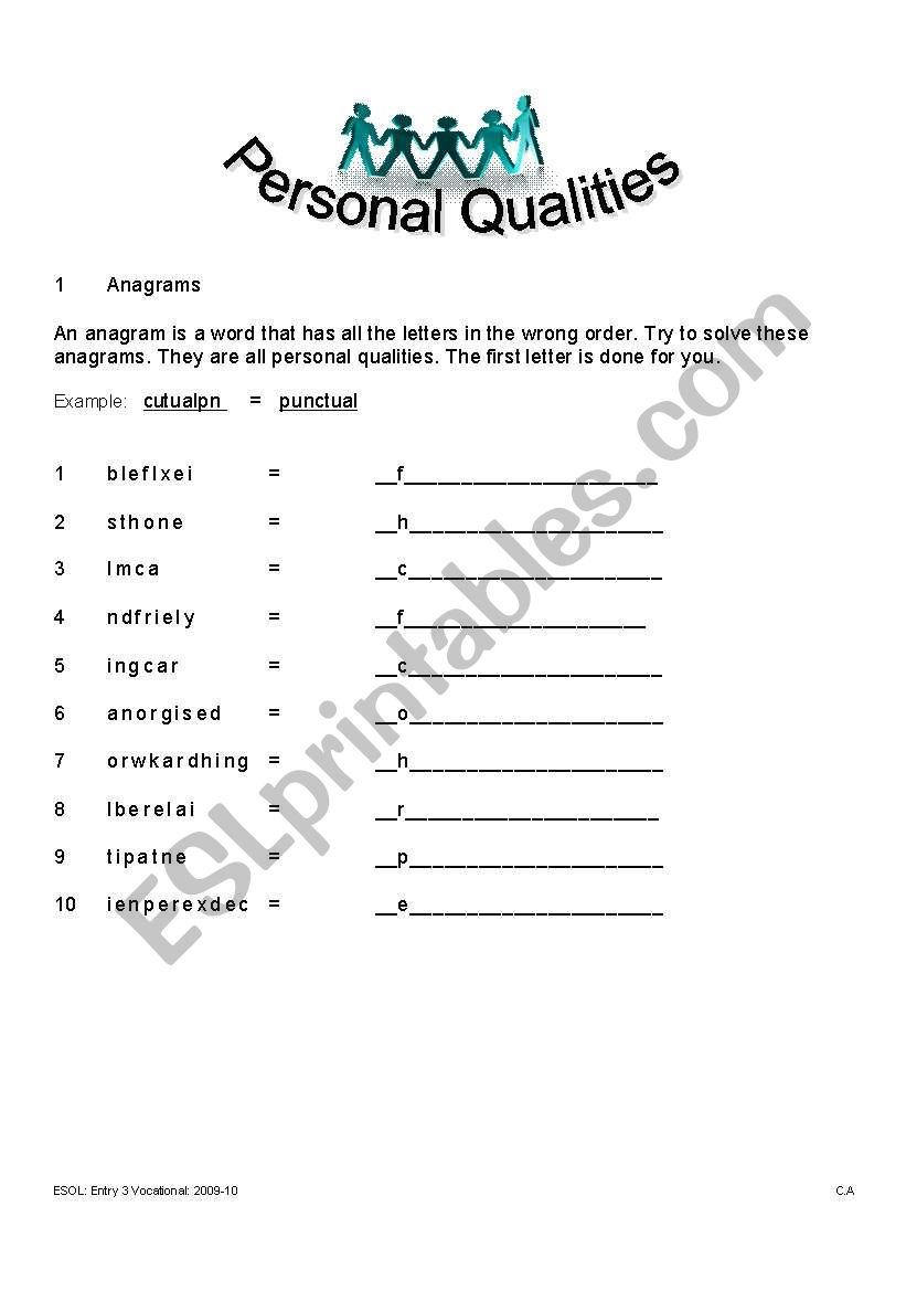 personal qualities worksheet