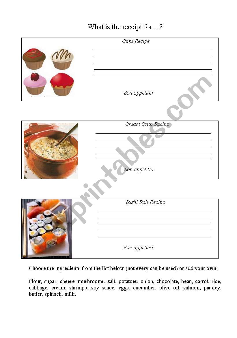 What is the recipe for...? worksheet