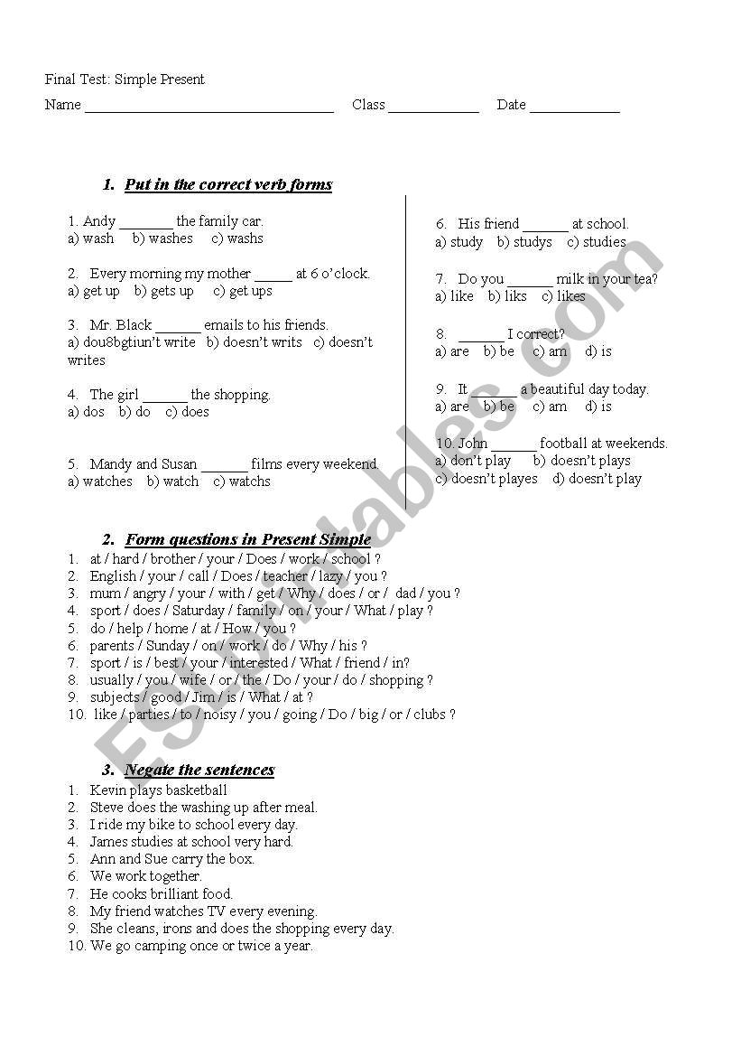 Present Simple test worksheet
