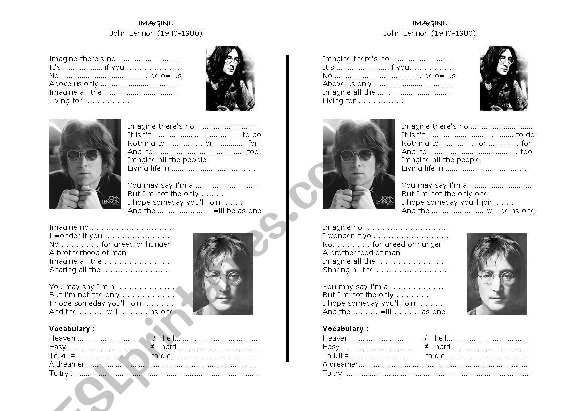 IMAGINE by John Lennon worksheet