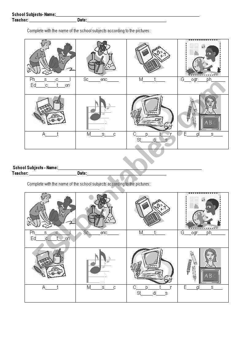 School Subjects worksheet