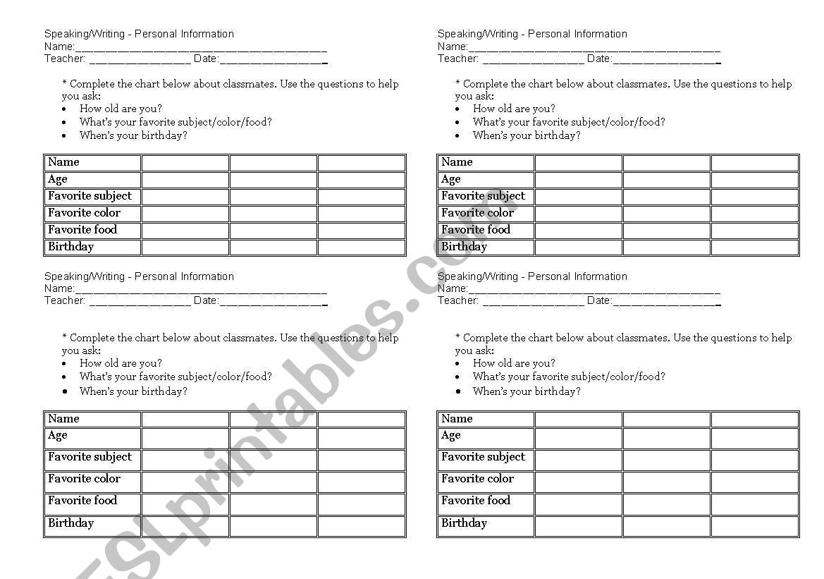 Personal Information worksheet