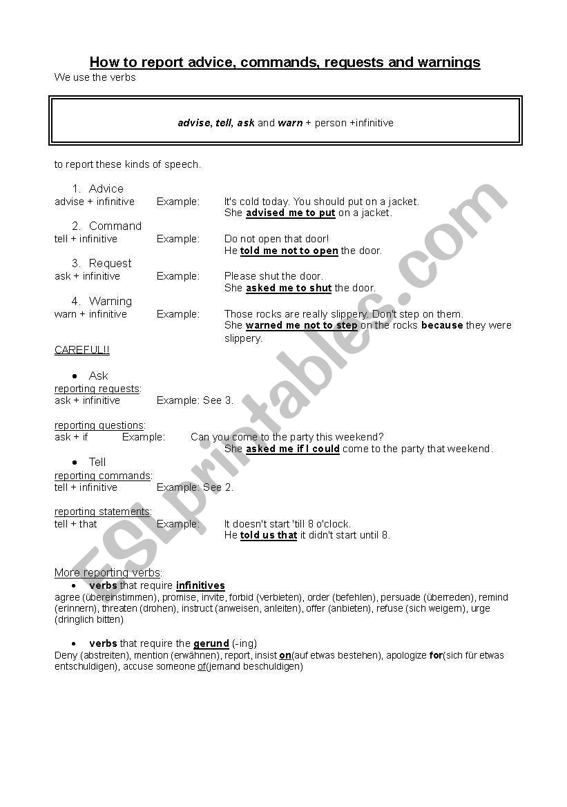 reported speech FCE - special structures (advice, commands, requests, warnings, other reporting verbs)