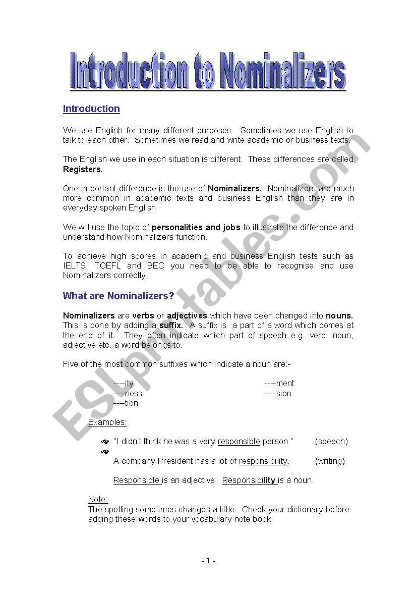 Introduction to Nominalizers worksheet