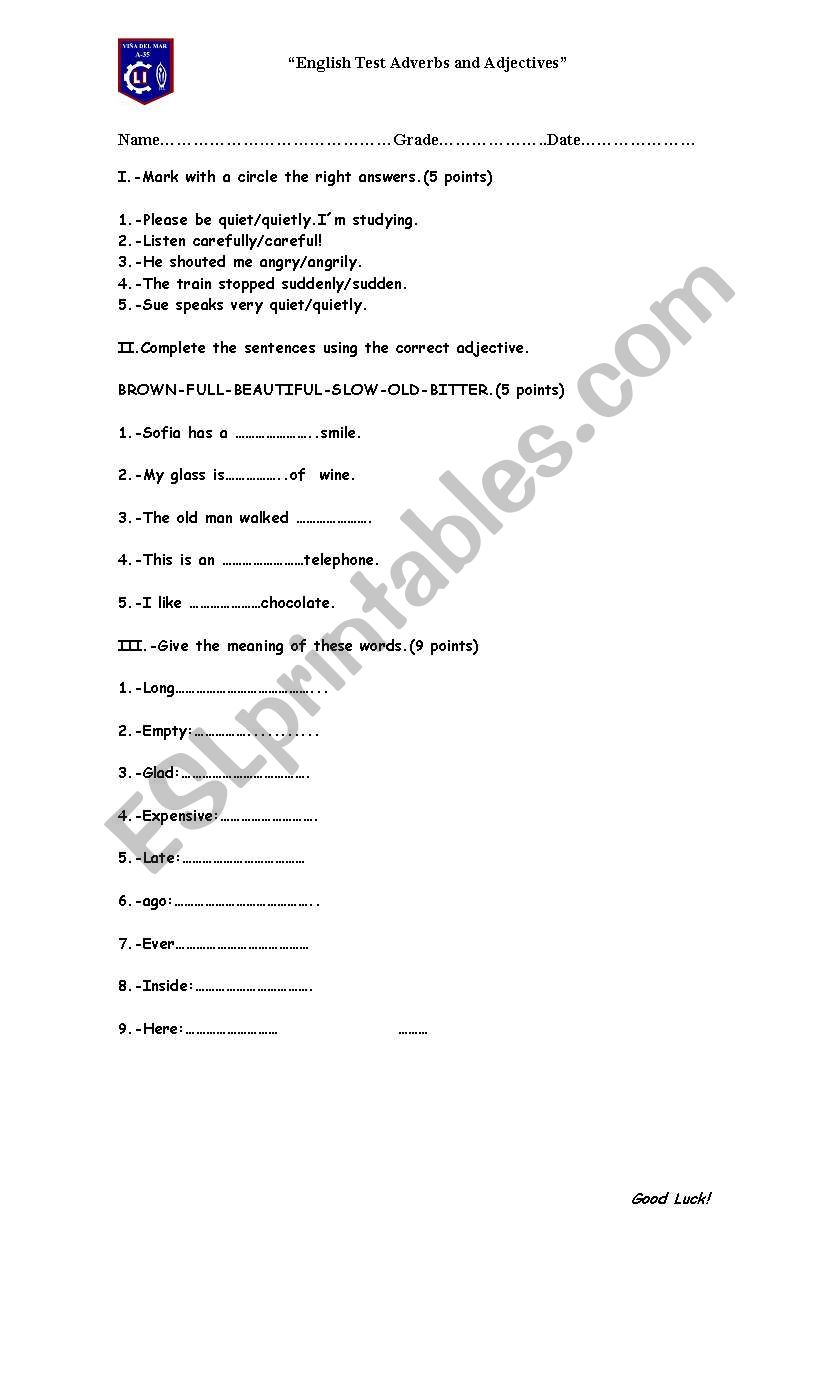 TEST USE OF ADJECTIVES AND ADVERBS