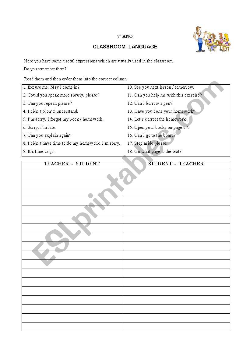 Classroom language worksheet