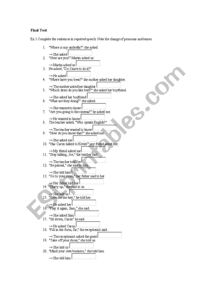 reported speech worksheet