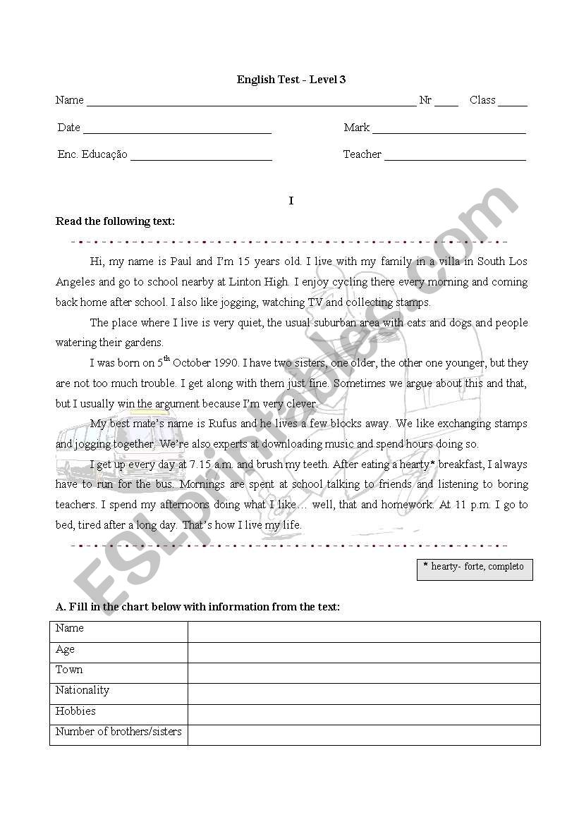 English Test worksheet