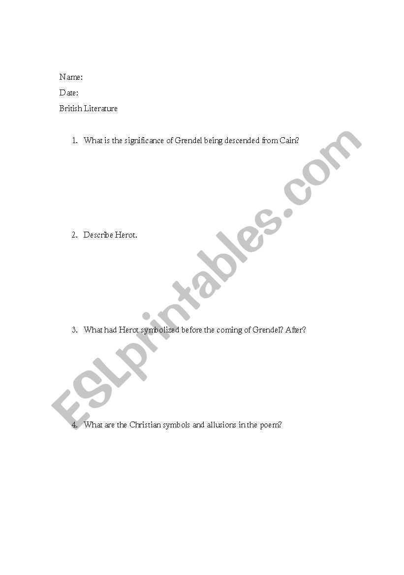 Beowulf handout worksheet