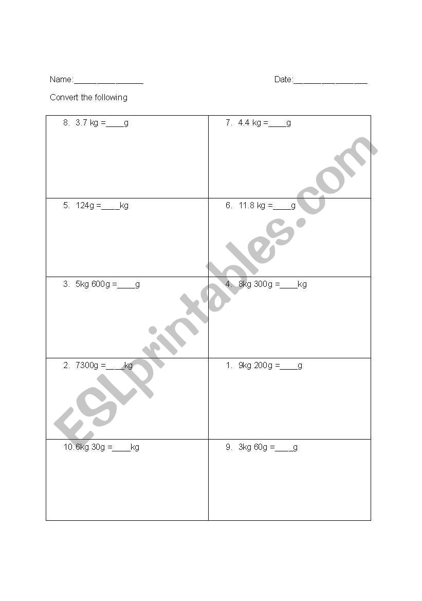 Mass Worksheet worksheet