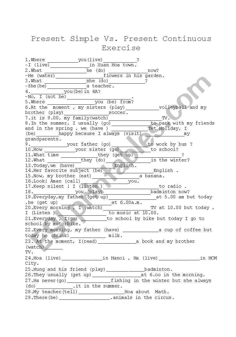 Present Simple Vs Present Continuous Exercise