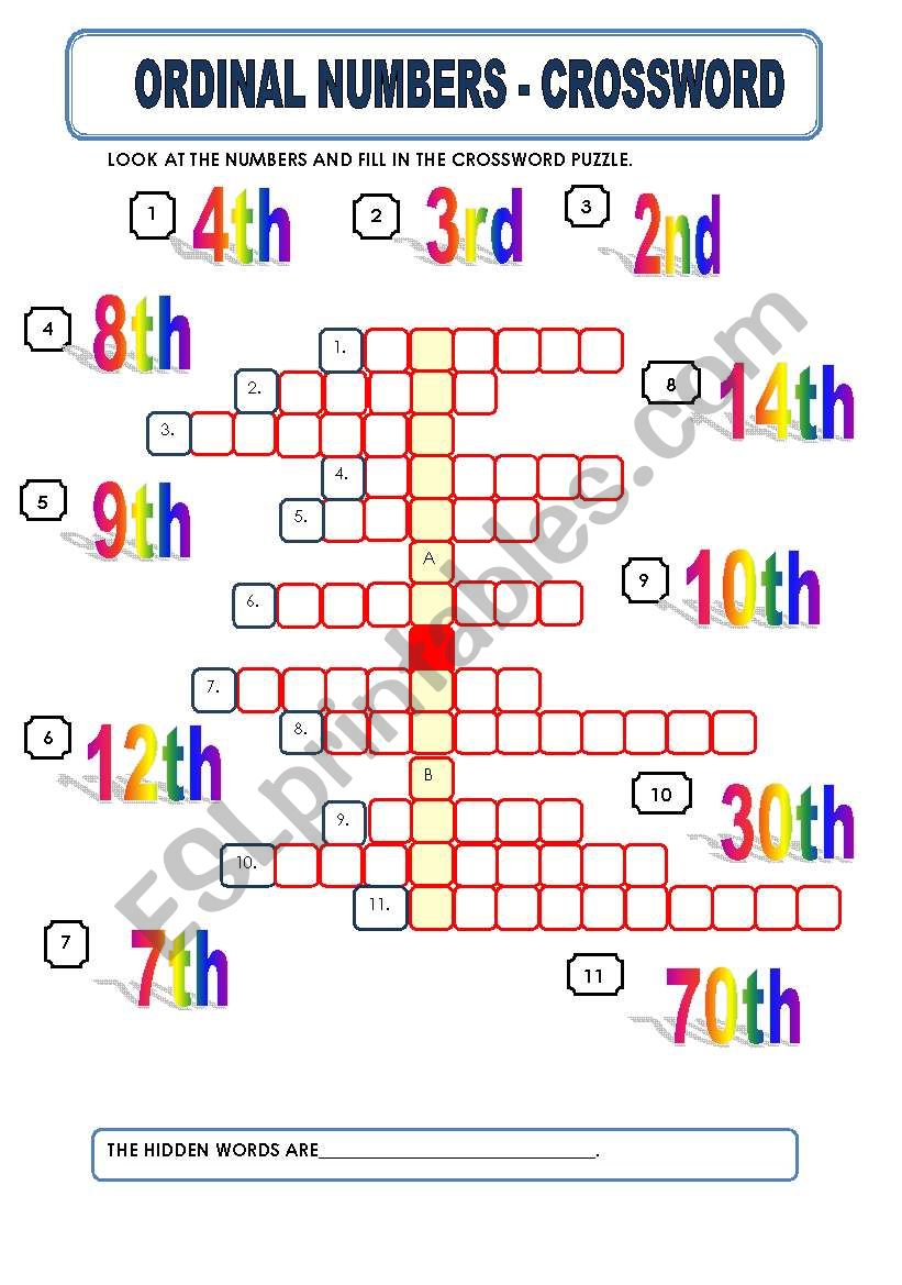 ORDINAL NUMBERS - CROSSWORD worksheet