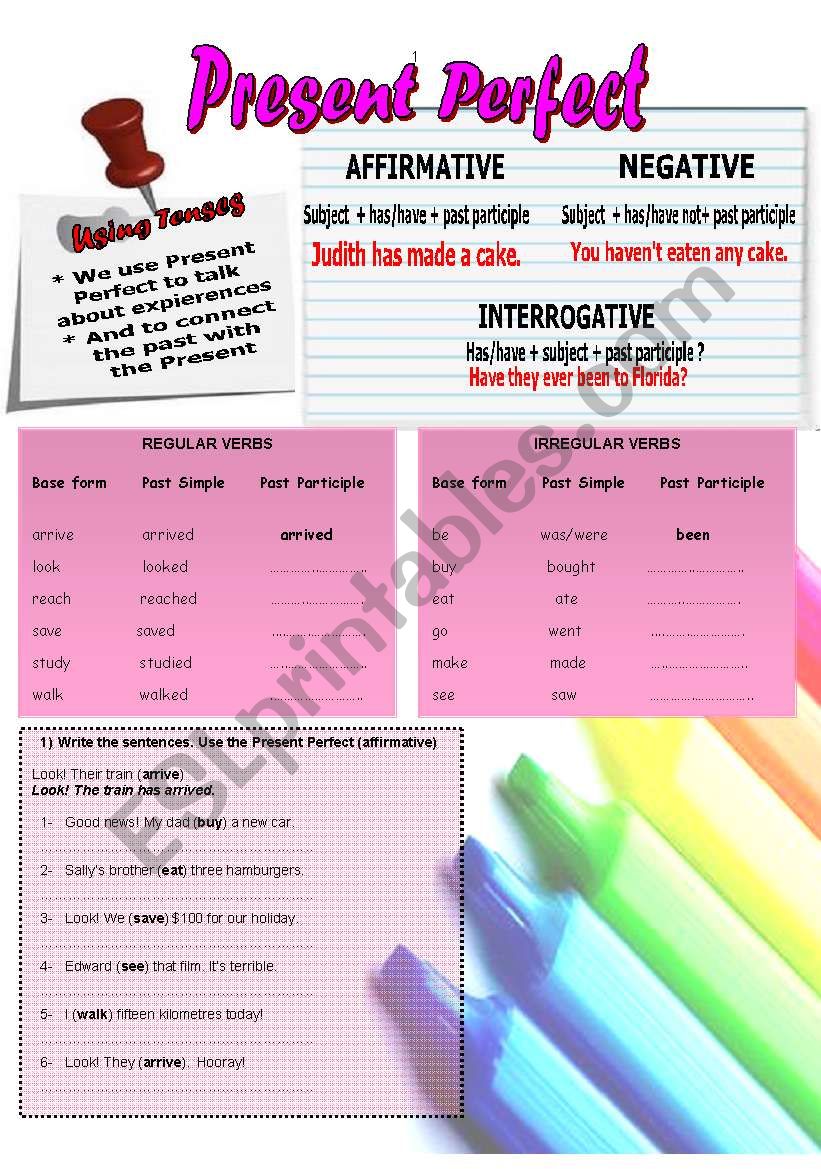 (2 PAGES) PRESENT PERFECT (Affirmative, negative, interrogative forms, uses and a reading comprehension)