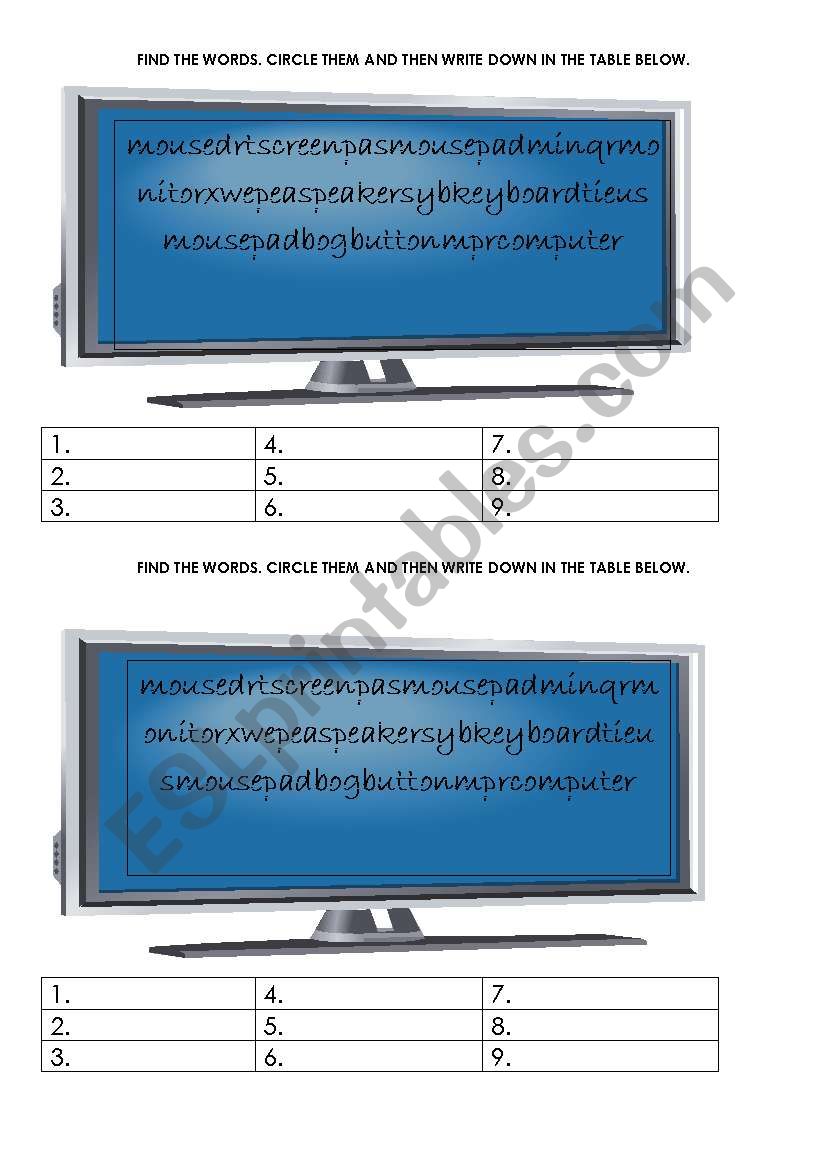 computer wordsearch worksheet