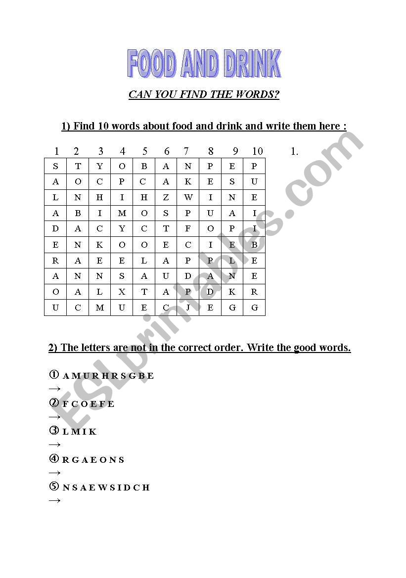 Food and drink worksheet