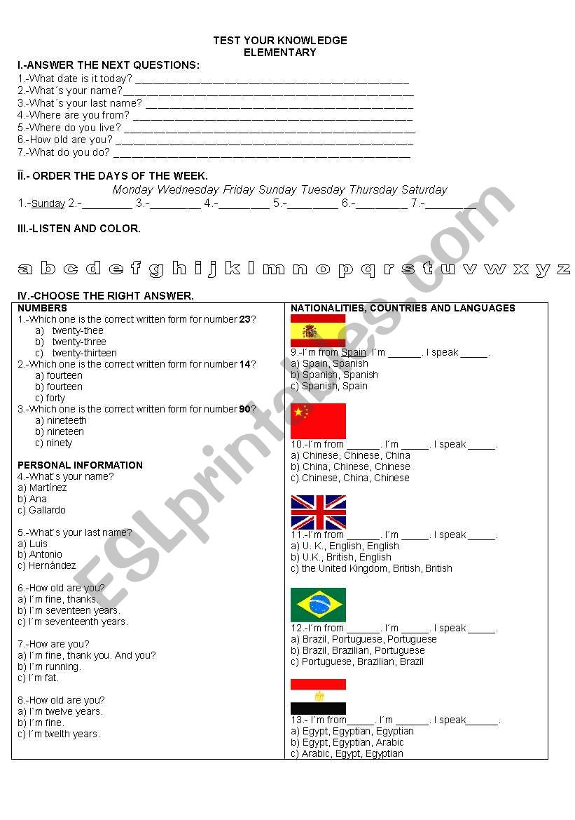 TEST YOUR KNOWLEDGE  worksheet