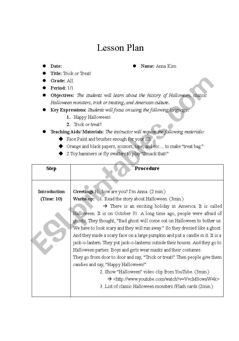 Halloween Lesson-plan worksheet