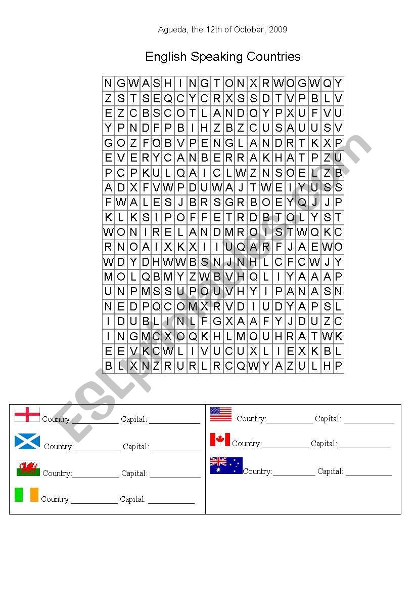 English speaking countries wordsearch