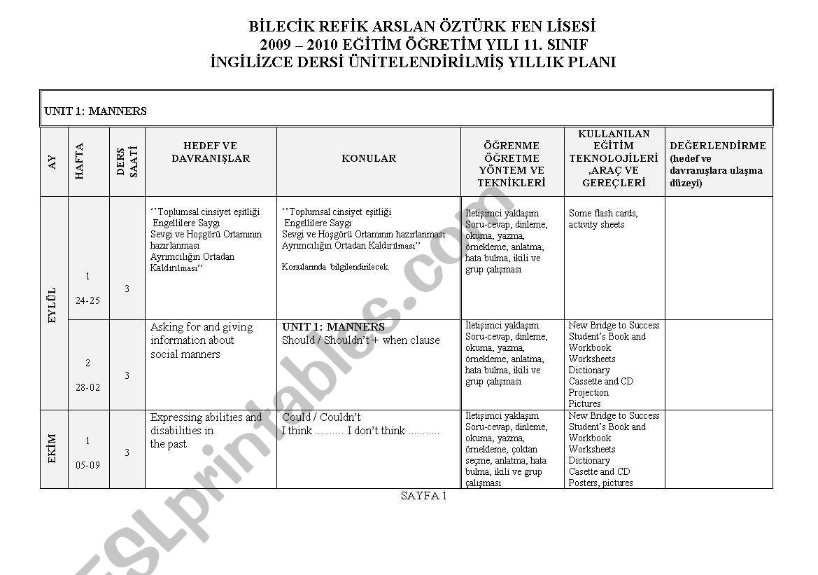 2009-2010 Lesson Plan for 11th grade