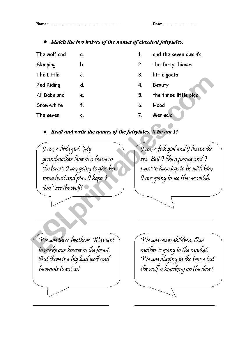 Fairytales worksheet