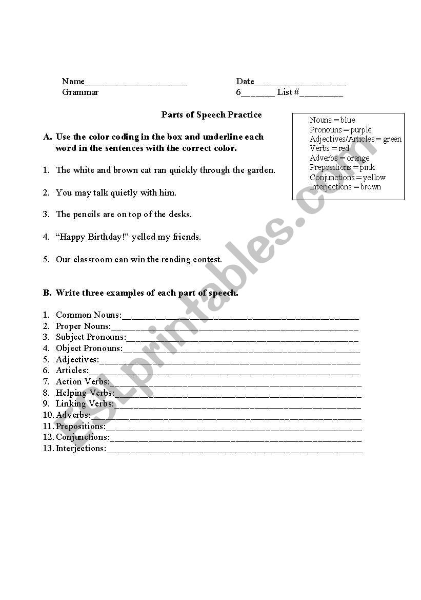 Parts of speech practice worksheet