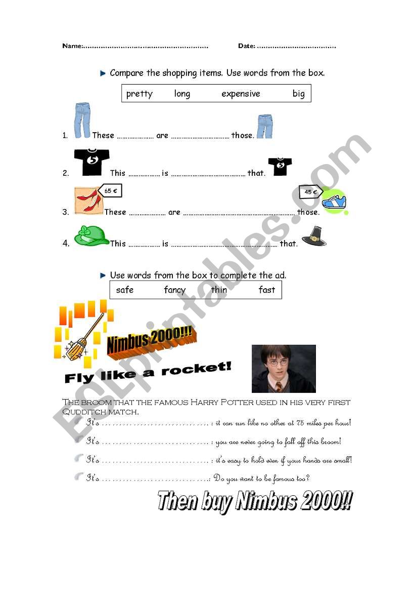 Comparing shopping items worksheet