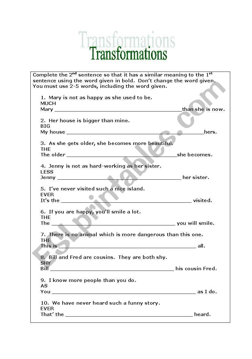 transformations  worksheet