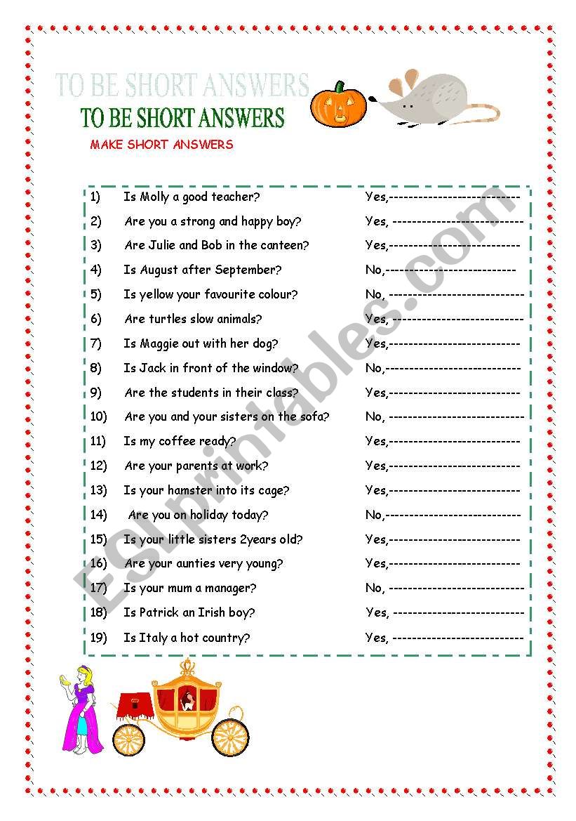 tTO BE SHORT ANSWERS worksheet