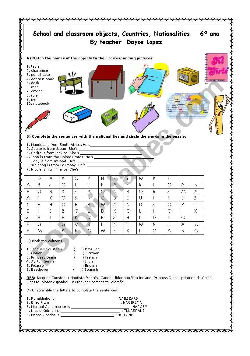 School and classroom objects, Countries and Nationalities