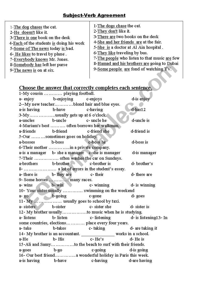 subject verb agreement worksheet
