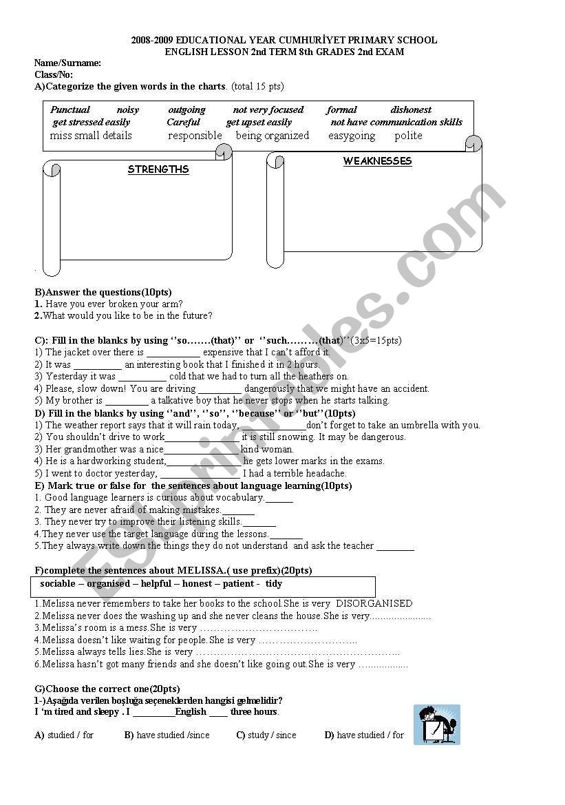 8th grades exam worksheet