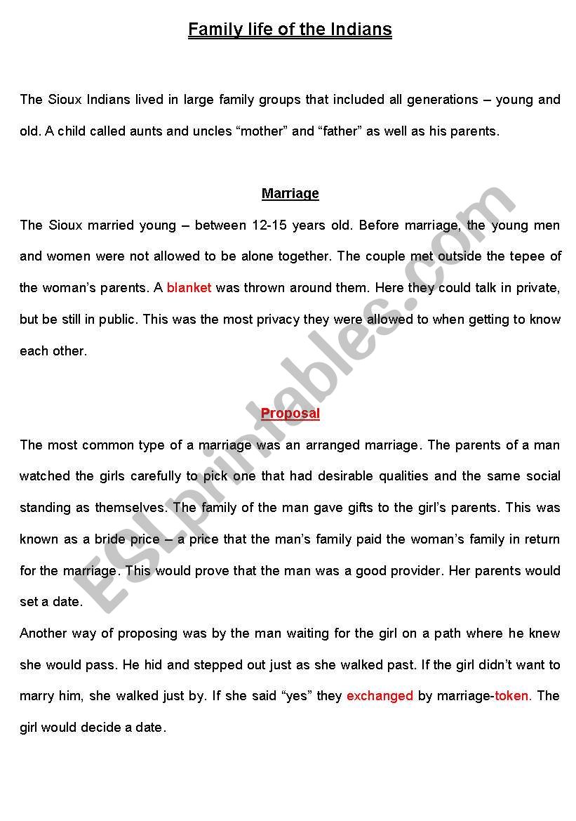 Family Life of the Indians II worksheet