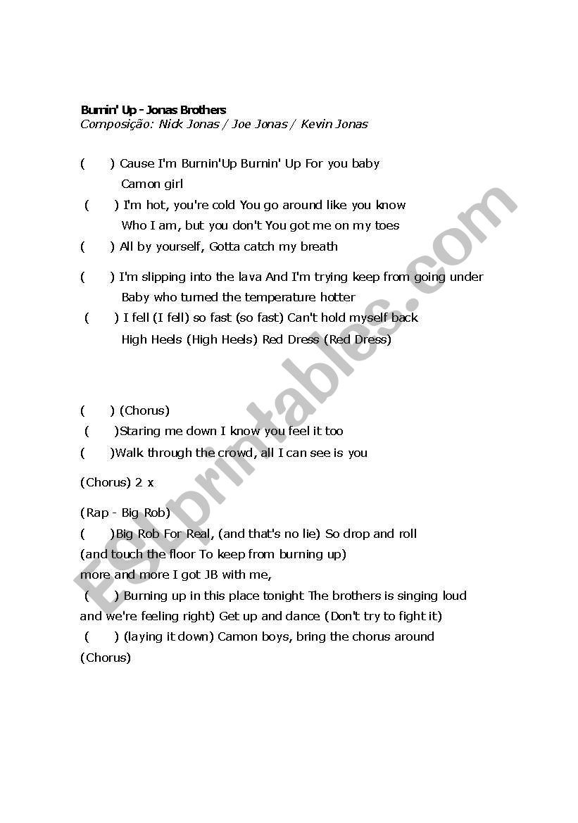 Song Burnin Jonas Brothers worksheet