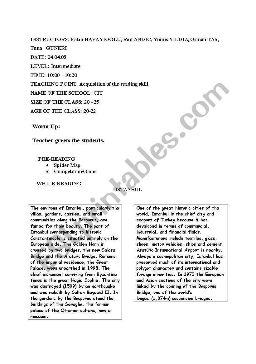 reading lesson plan about STANBUL
