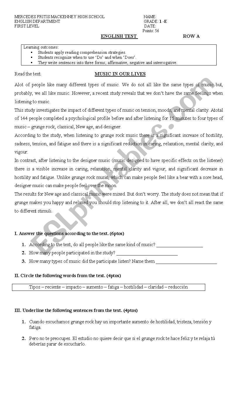 Reading comprehension and simple present test