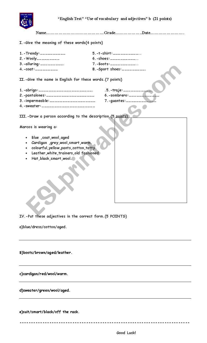 English Worksheets USE OF ADJECTIVES CLOTHES VOCABULARY AND CORRECT 