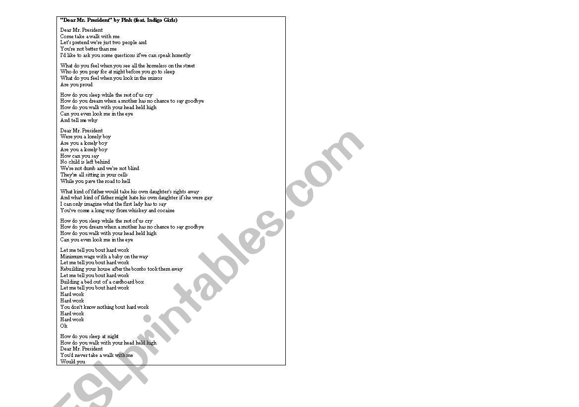 Dear Mr President by Pink worksheet