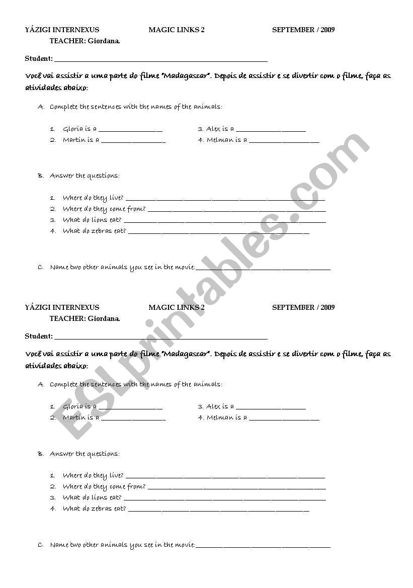 Animals (Madagascar movie) worksheet